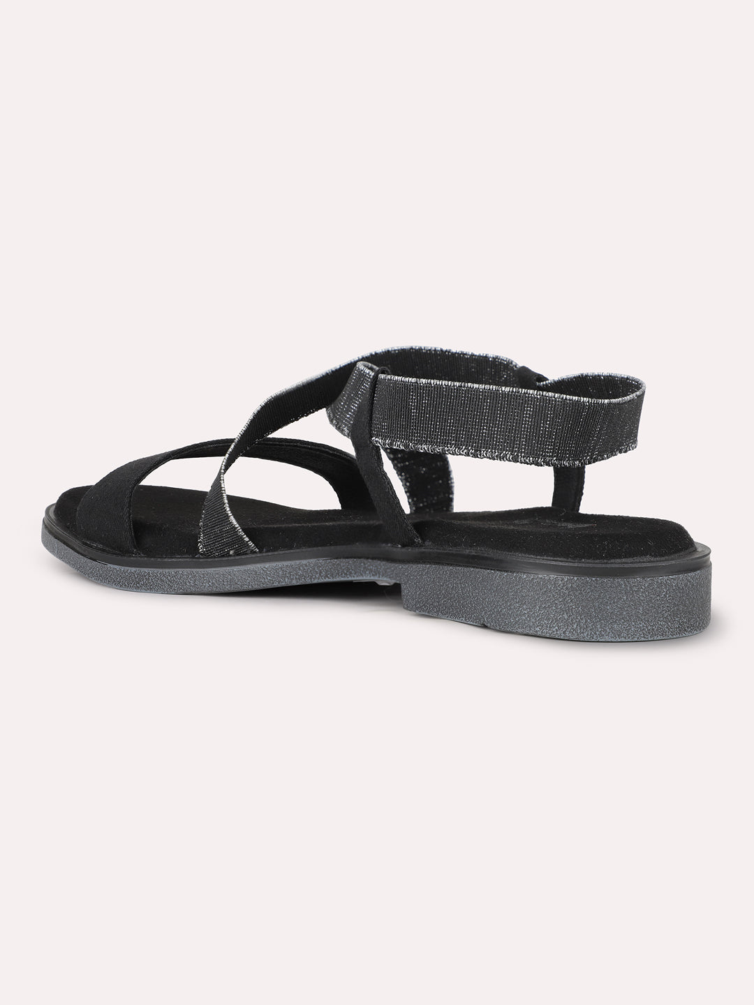 Womens Black Casual Striped Open Toe Flats