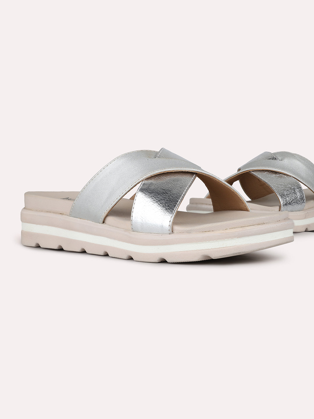 Womens Silver Casual Solid Open Toe Flat Slip-On Sandals