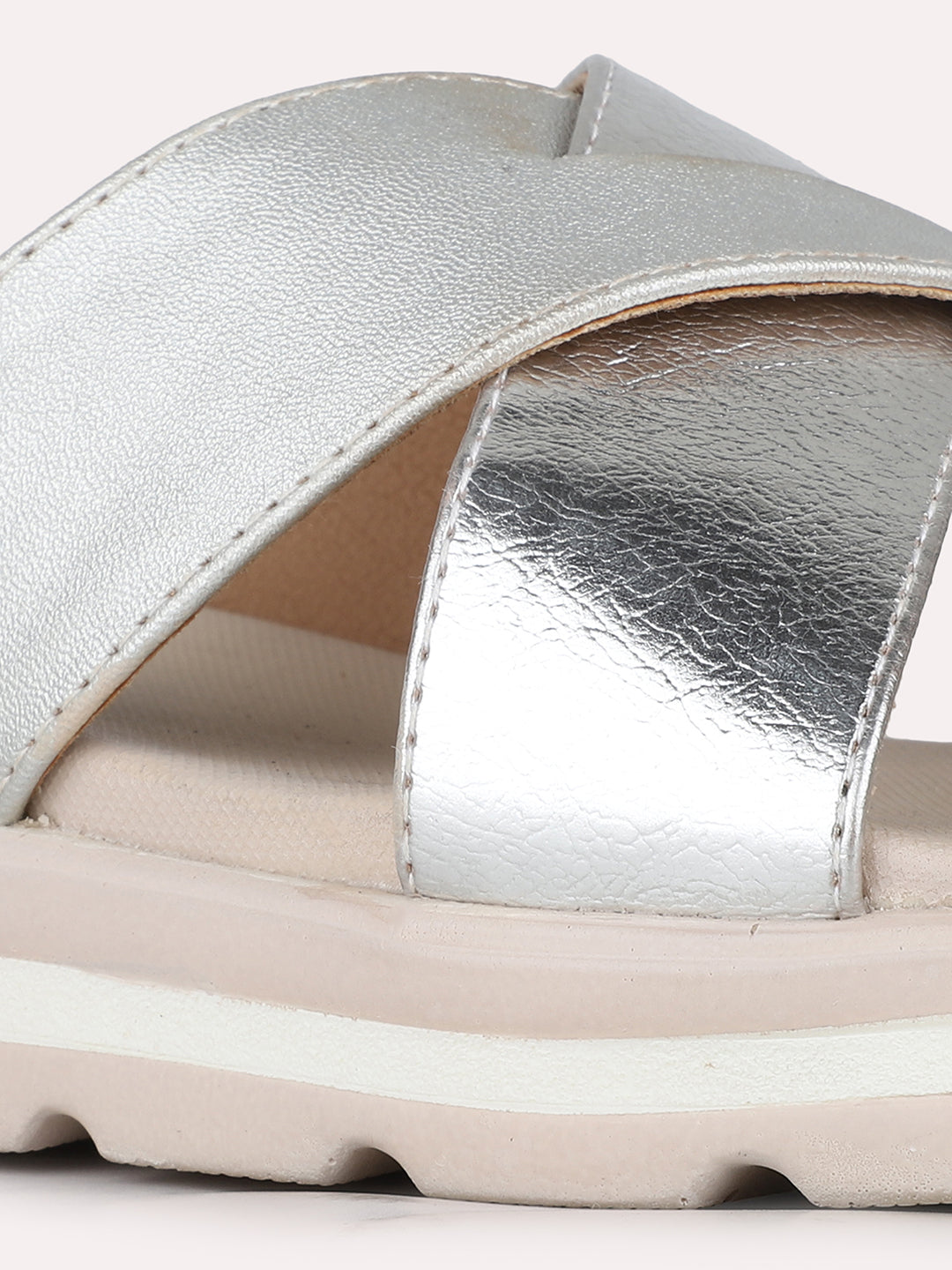 Womens Silver Casual Solid Open Toe Flat Slip-On Sandals