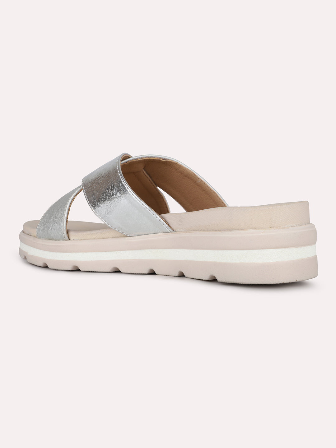 Womens Silver Casual Solid Open Toe Flat Slip-On Sandals