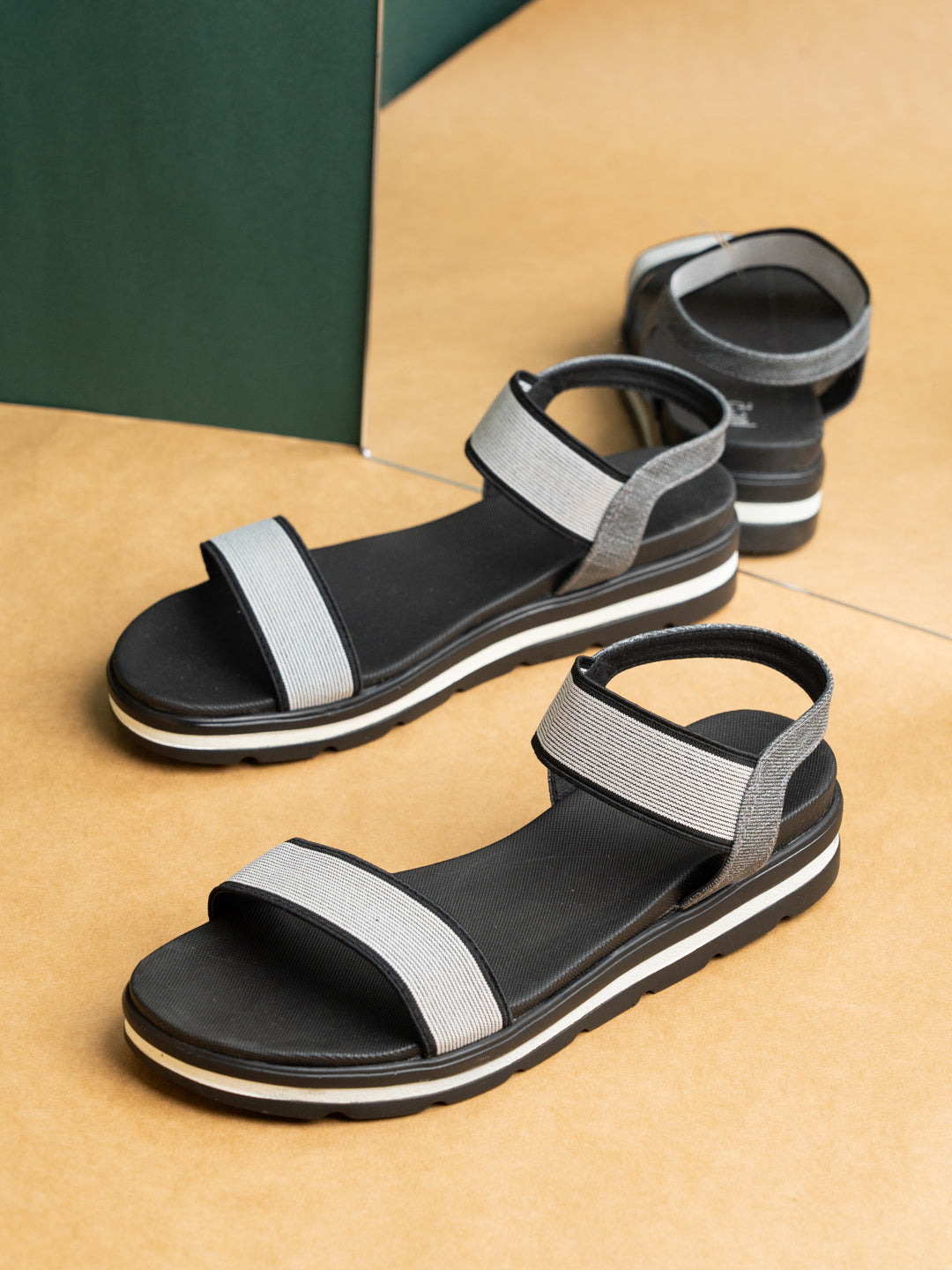 Womens Black Casual Solid Open Toe Flat Sandals