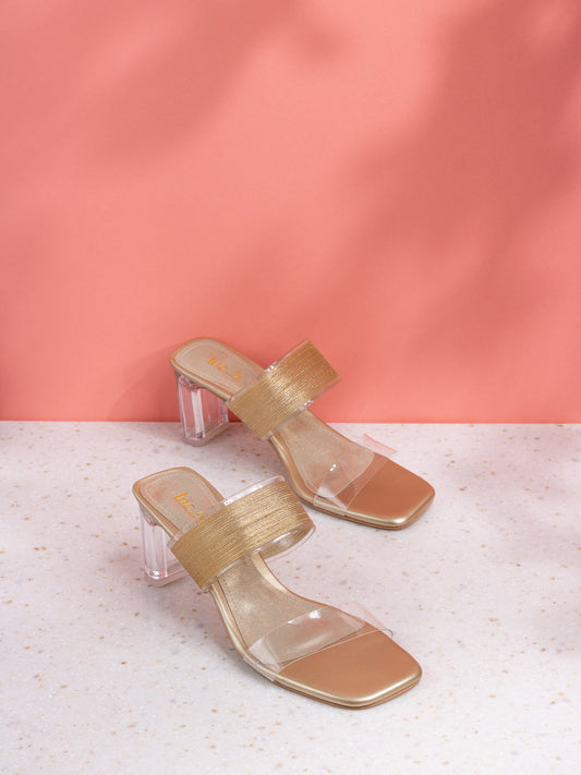 Womens Golden Party Wear Transparent Square Toe Block Heel Sandals