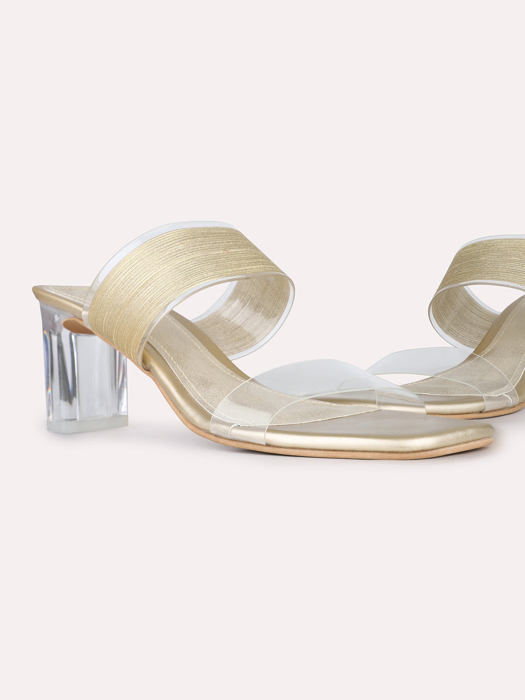 Womens Golden Party Wear Transparent Square Toe Block Heel Sandals