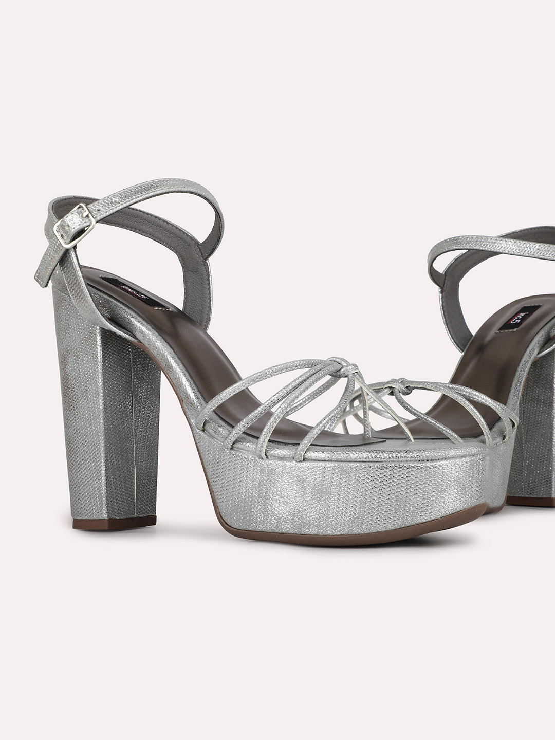 Womens Silver Party Wear Striped Round Toe Block Heel Sandals