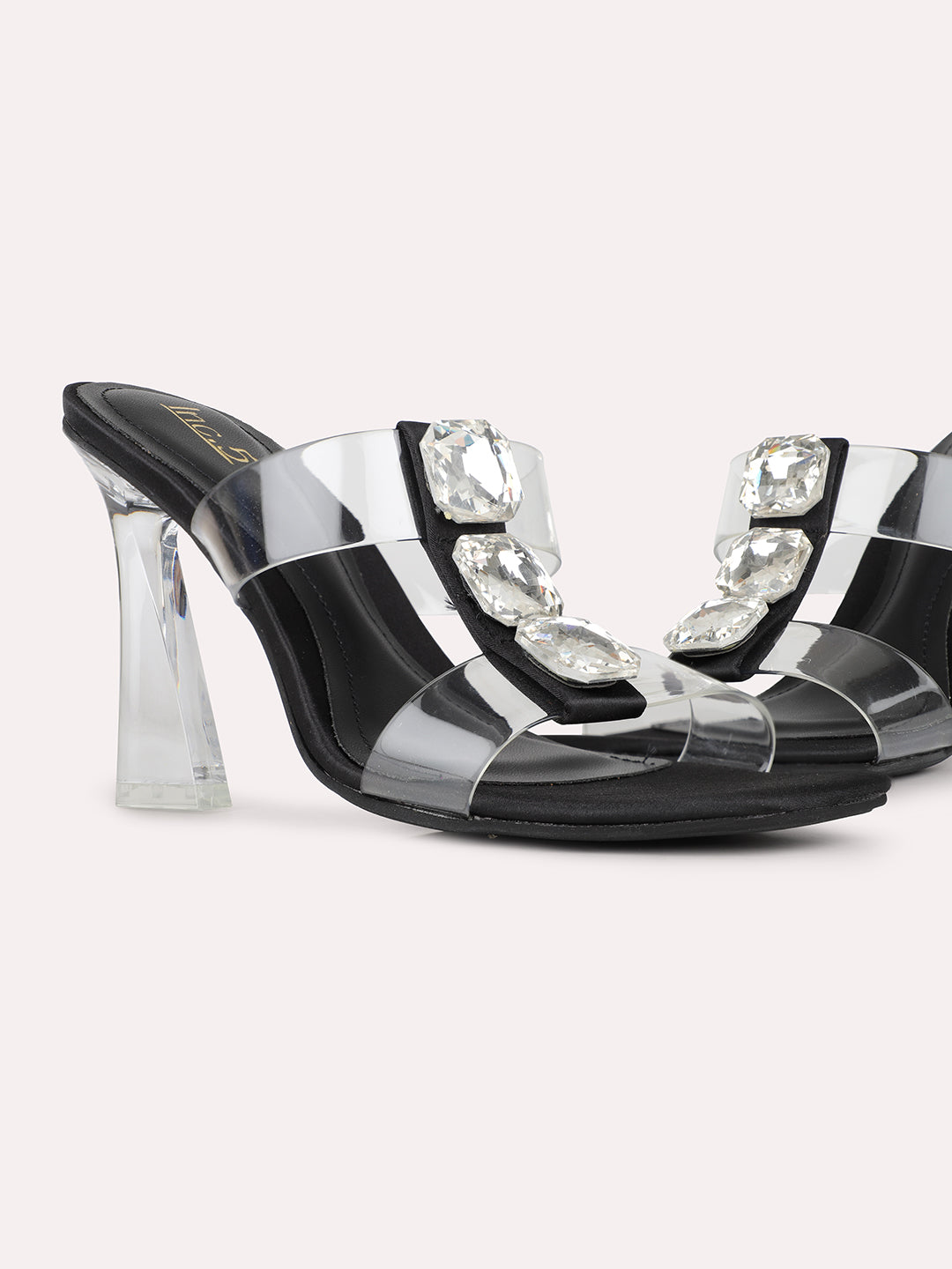 Womens Black Ethnic Transparent Square Toe Block Heel Sandals