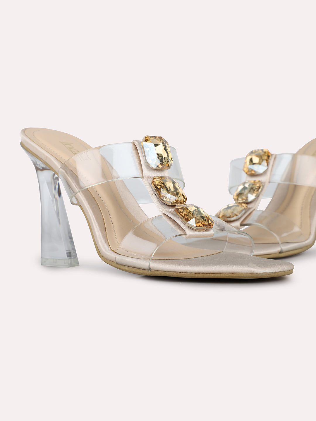 Womens Golden Ethnic Transparent Square Toe Block Heel Sandals
