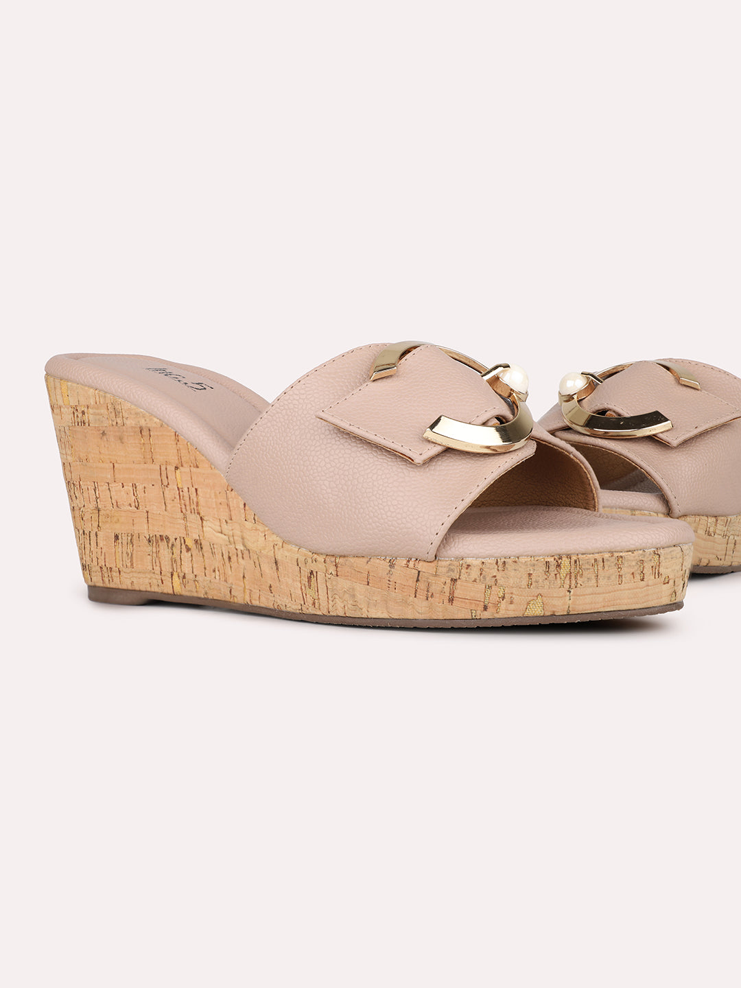 Womens Nude Party Wear Solid Round Toe Wedge Heel Sandals
