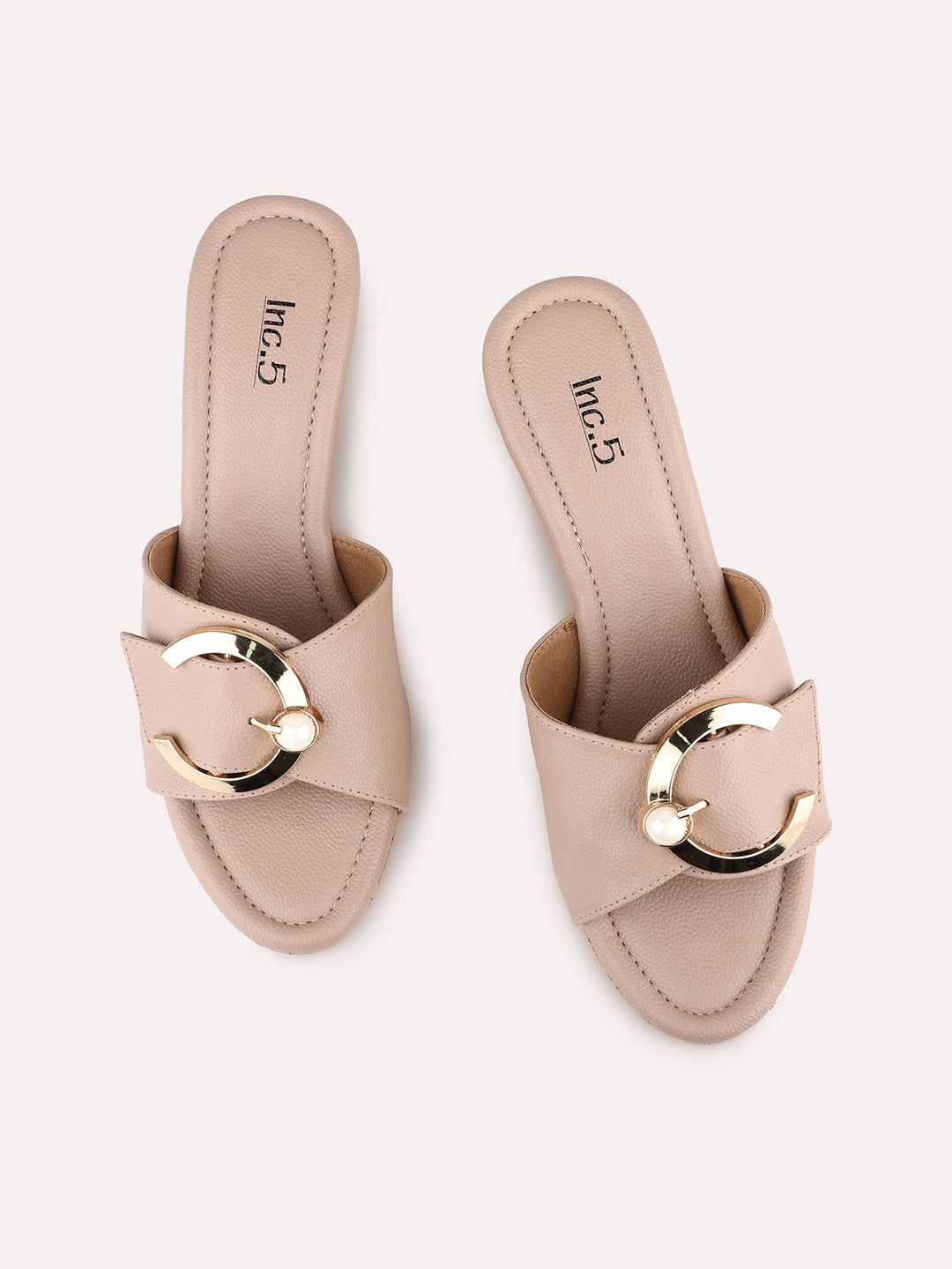 Womens Nude Party Wear Solid Round Toe Wedge Heel Sandals