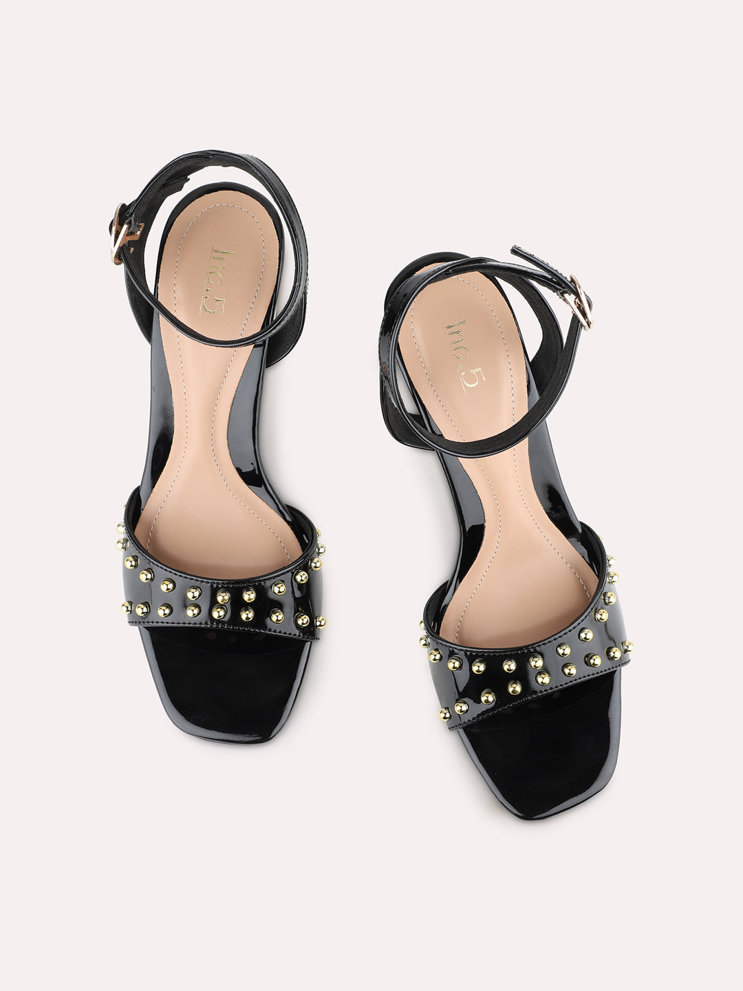 Womens Black Party Wear Embellished Square Toe Block Heel Sandals