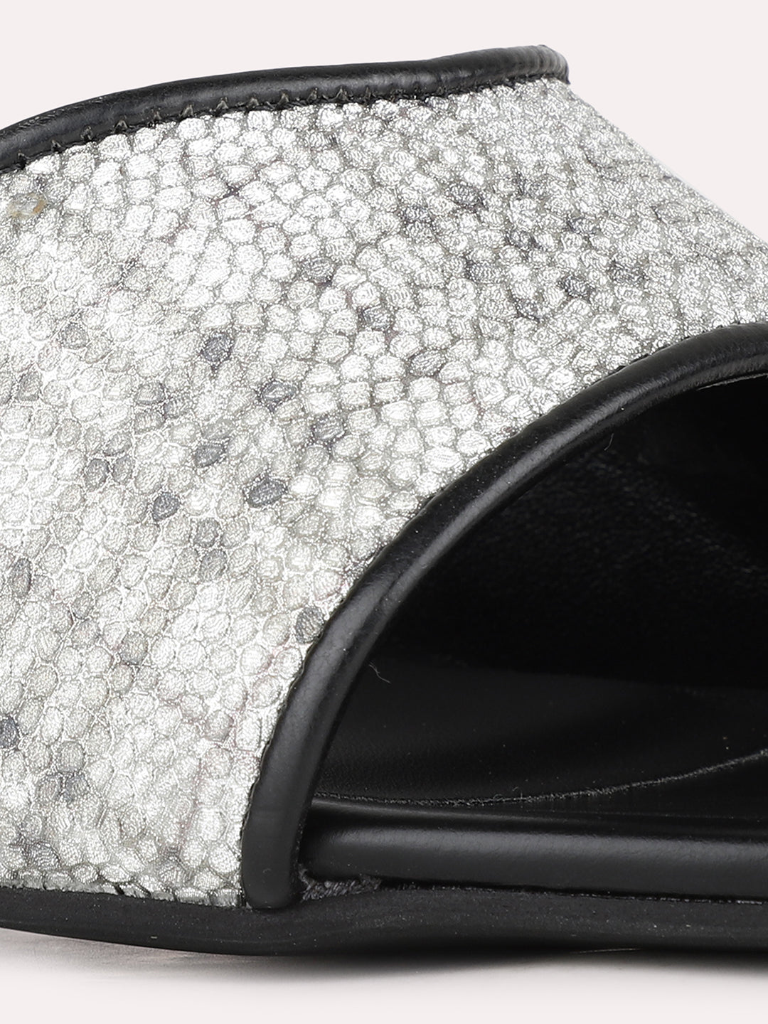 Womens Pewter Party Wear Printed Toe Square Toe Block Heel Sandals