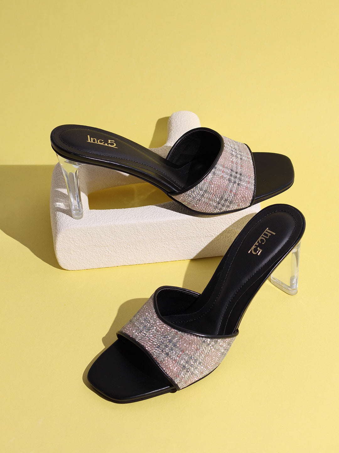 Womens Rose Gold Party Wear Printed Toe Square Toe Block Heel Sandals