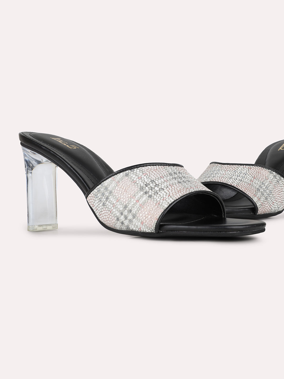 Womens Rose Gold Party Wear Printed Toe Square Toe Block Heel Sandals