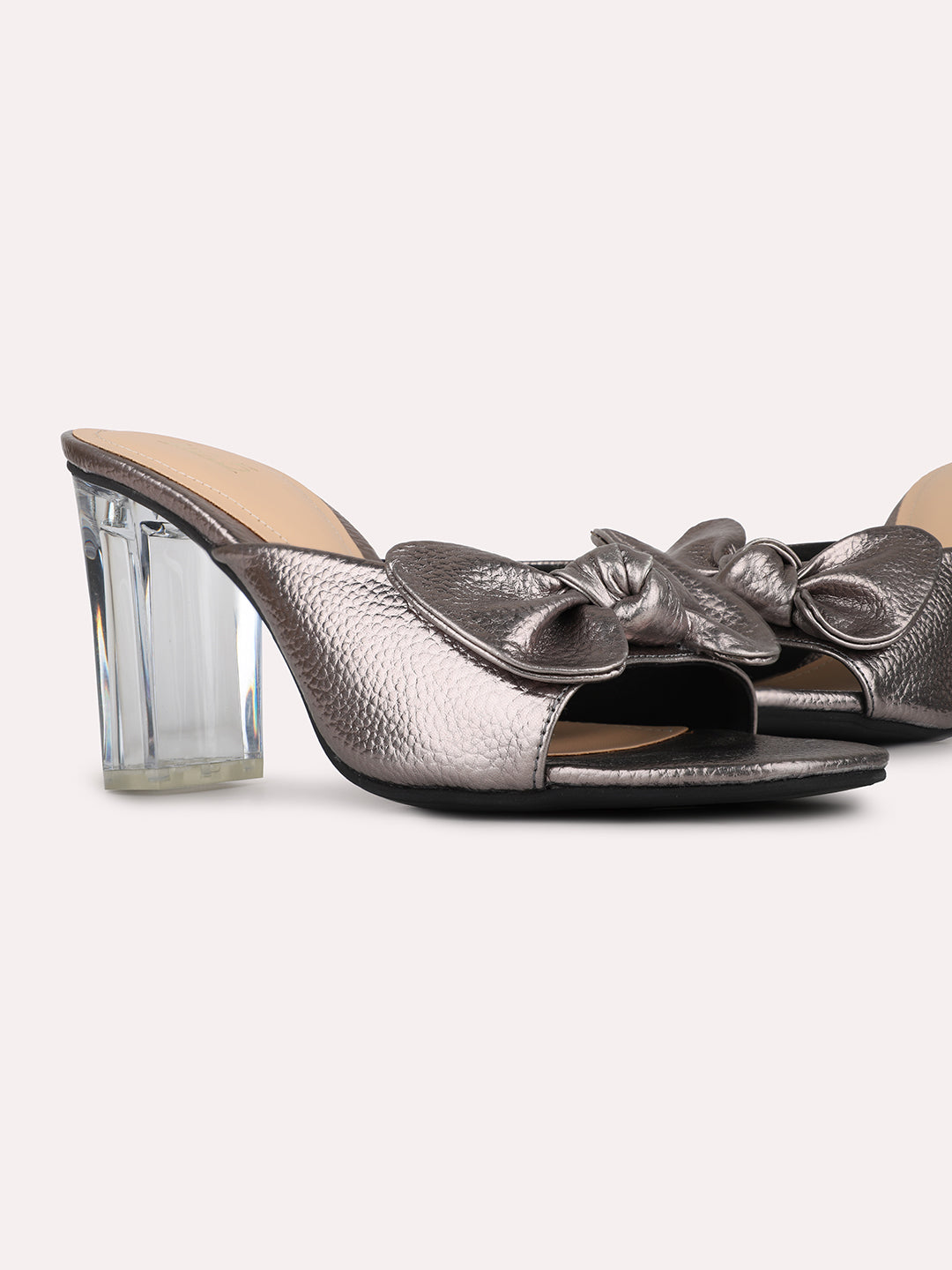 Womens Pewter Party Wear Solid Square Toe Block Heel Sandals