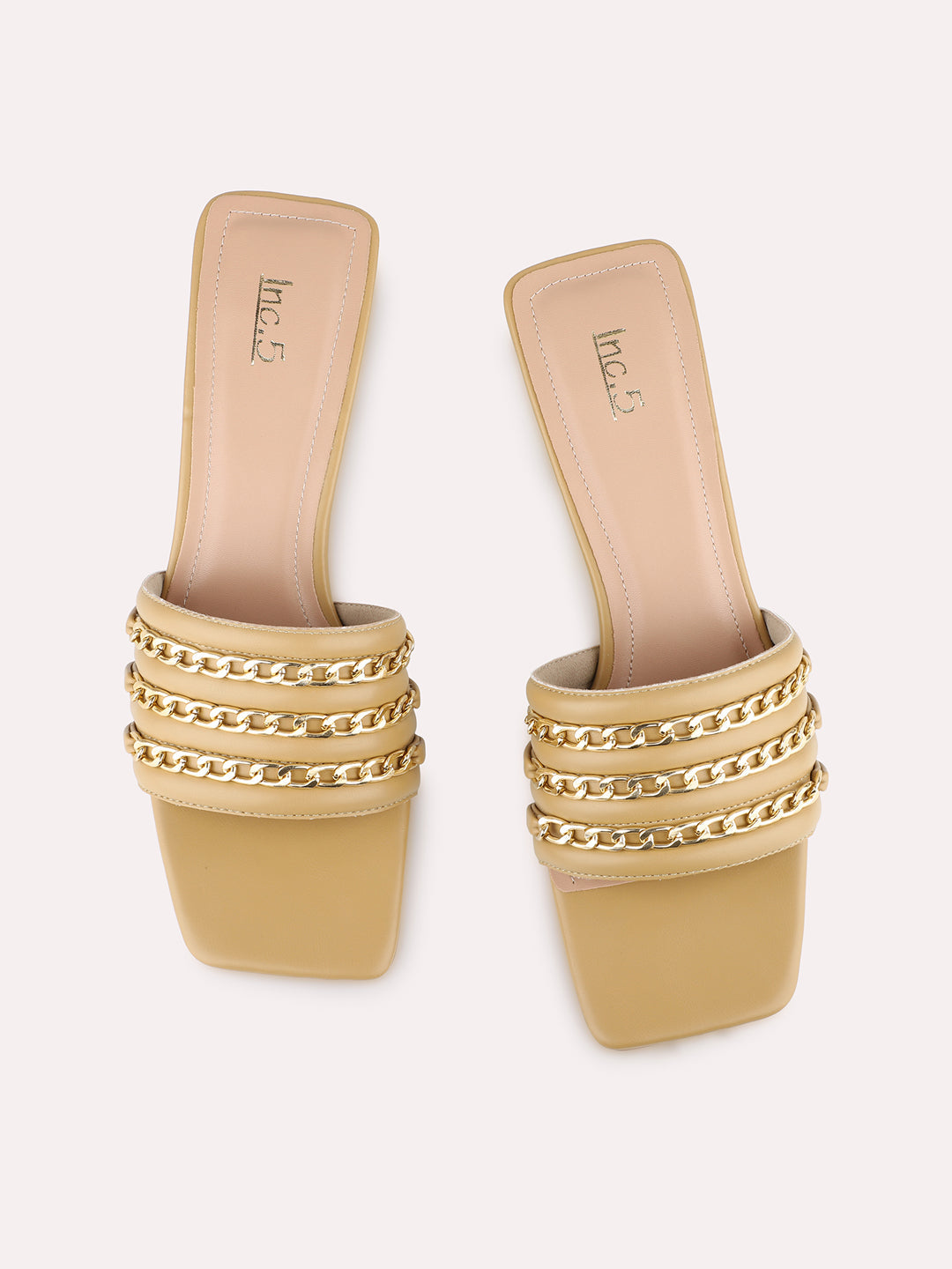 Womens Beige Party Wear Embellished Square Toe Block Heel Sandals