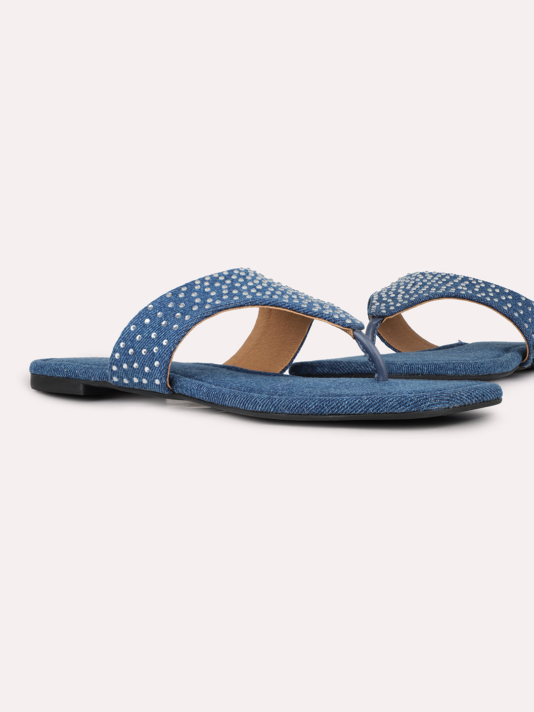 Womens Navy Ethnic Embellished T-Strap Flat Slip-On Sandals