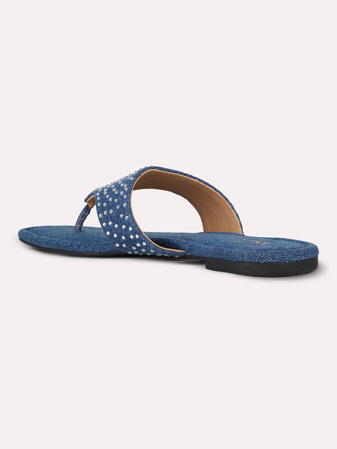 Womens Navy Ethnic Embellished T-Strap Flat Slip-On Sandals