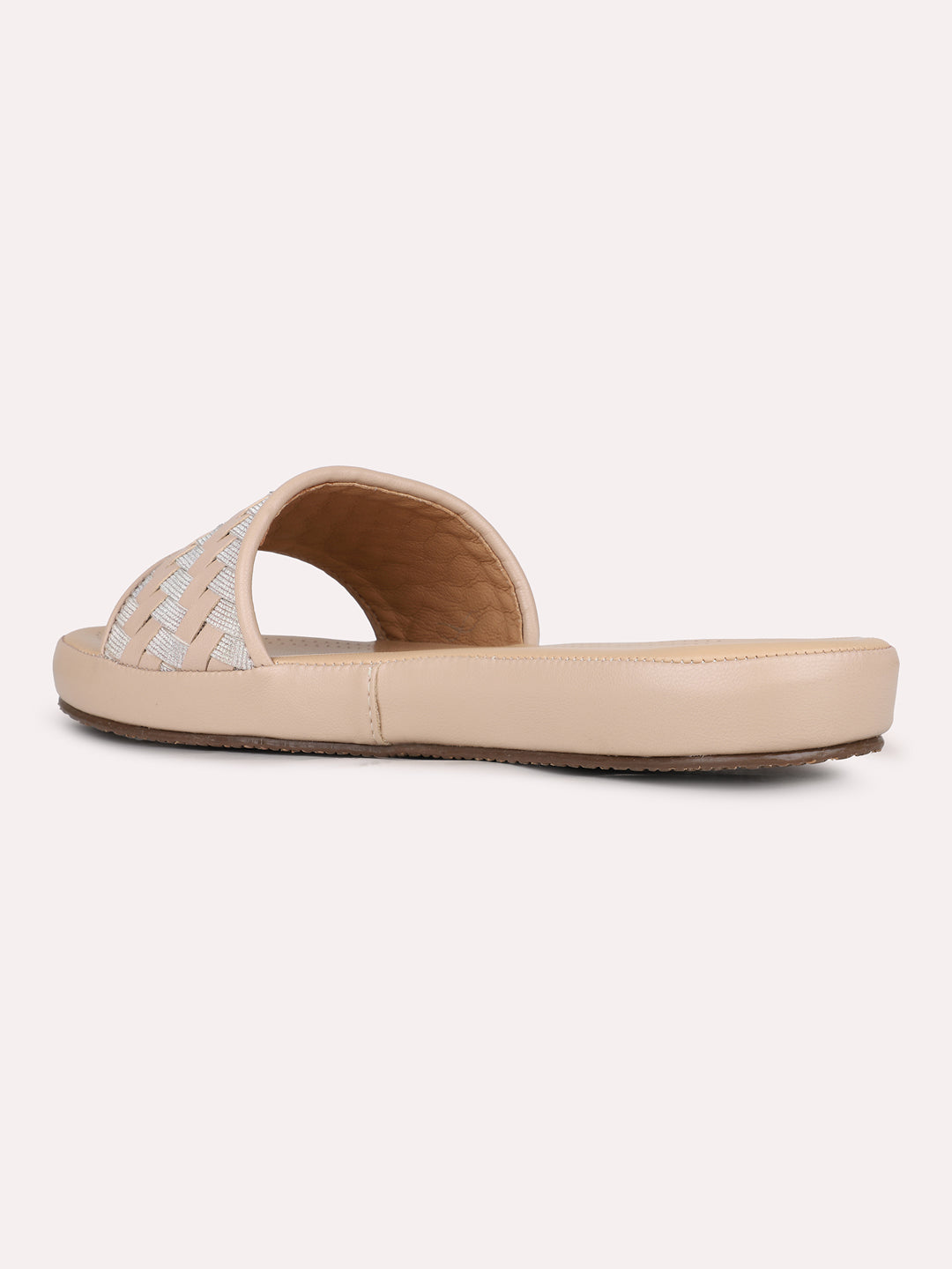 Womens Beige Casual Solid Open Toe Flat Slip-On Sandals