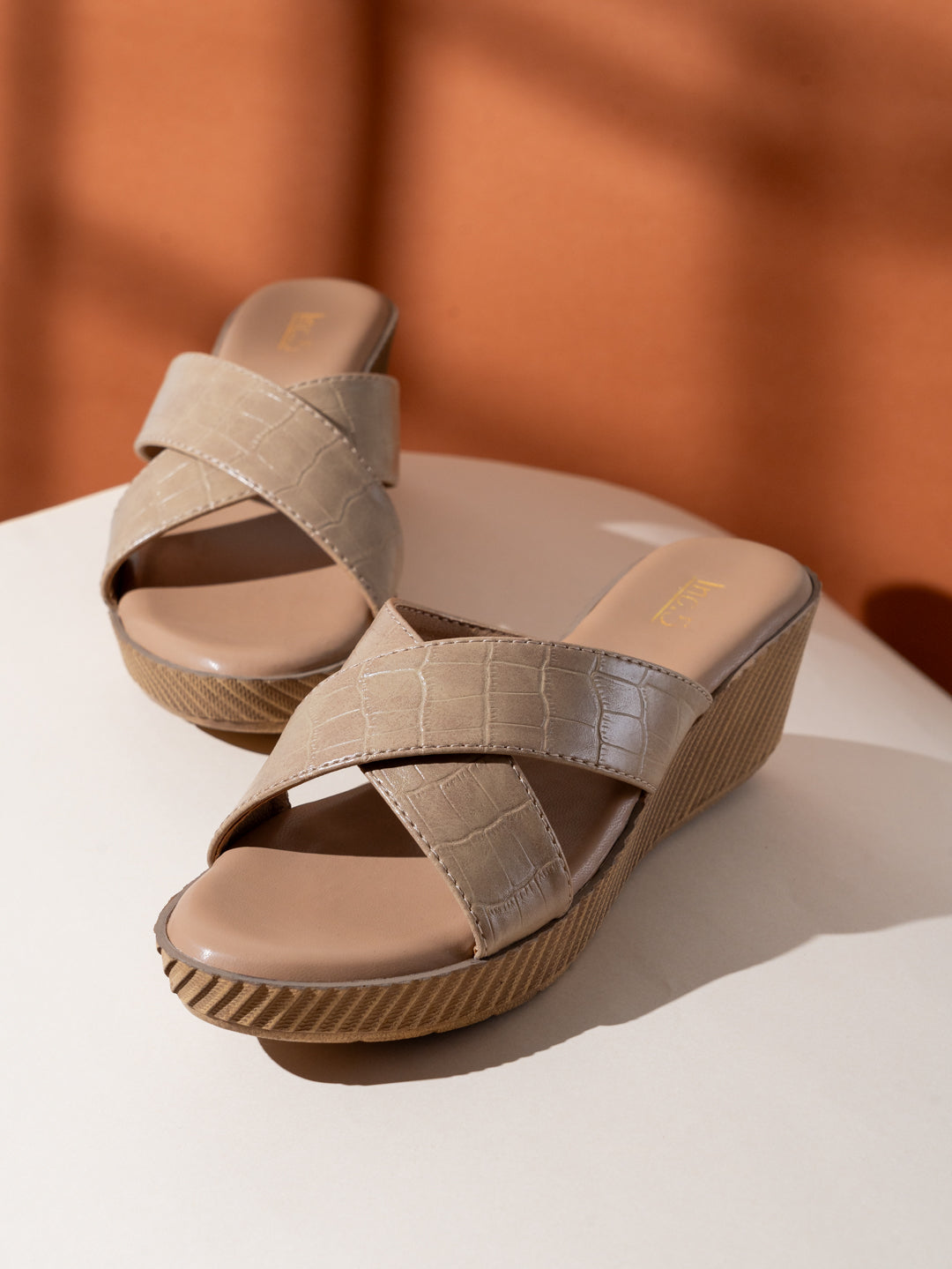 Womens Beige Party Wear Solid Round Toe Wedge Heels