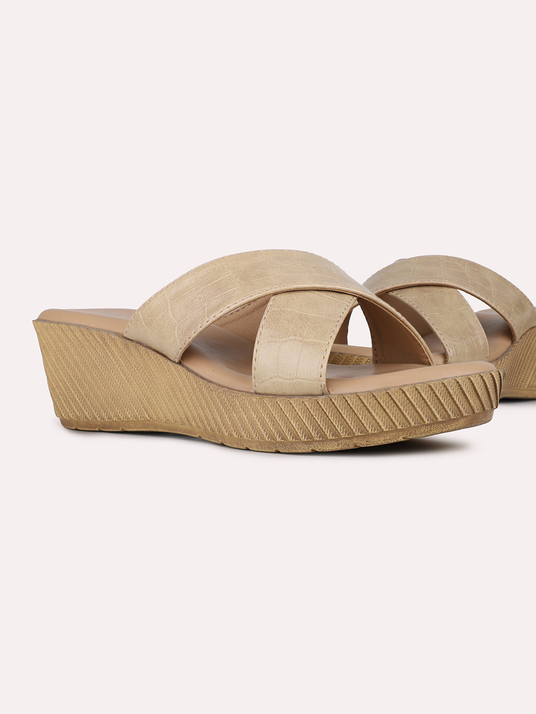 Womens Beige Party Wear Solid Round Toe Wedge Heels