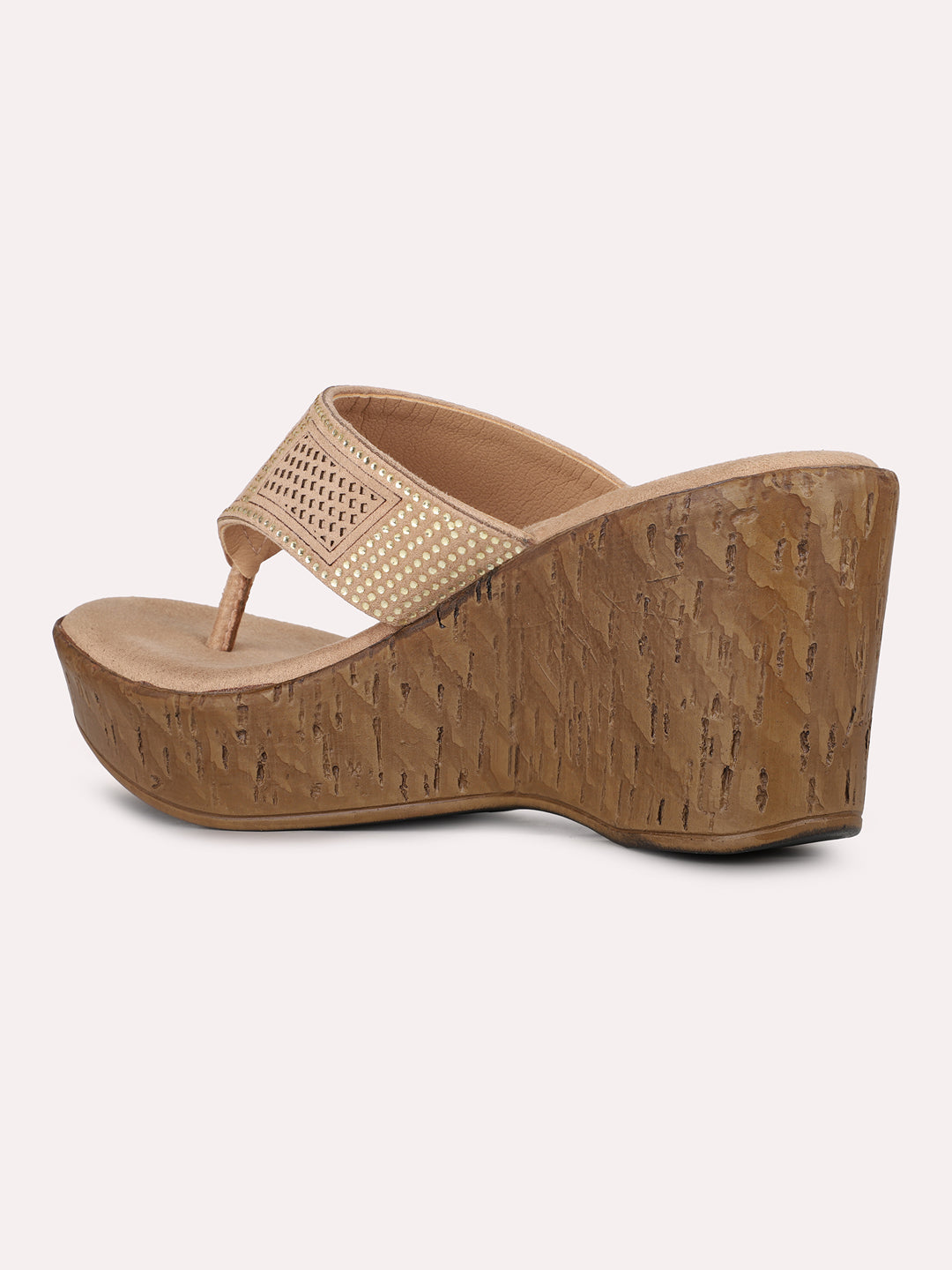 Womens Beige Ethnic Embellished Round Toe Wedge Heel Sandals