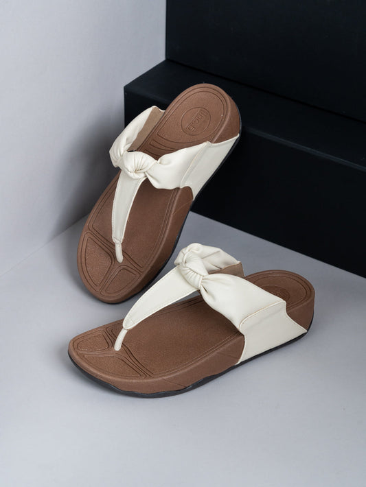 Womens Beige Casual Solid T-Strap Flat Slip-On Sandals