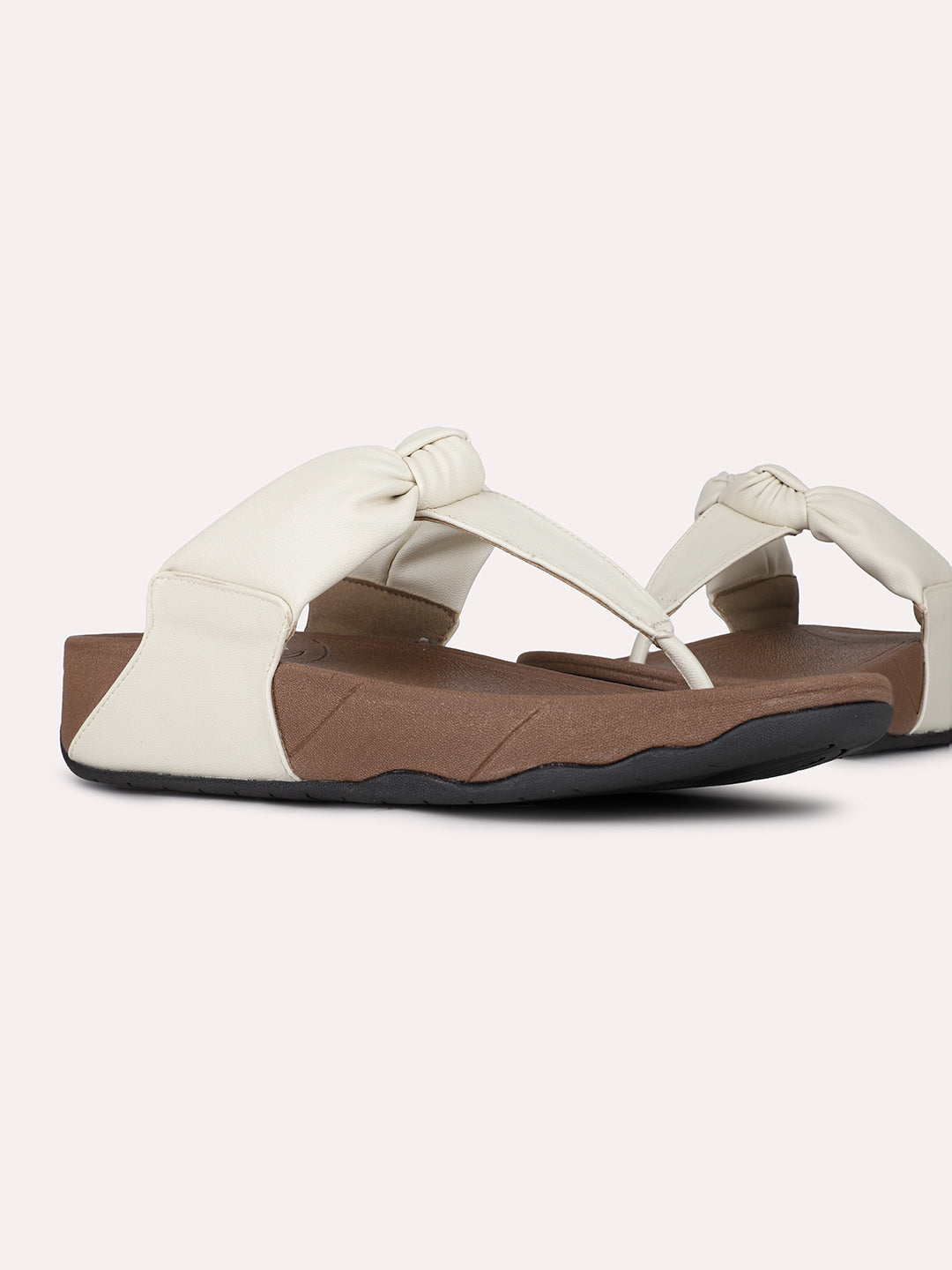 Womens Beige Casual Solid T-Strap Flat Slip-On Sandals