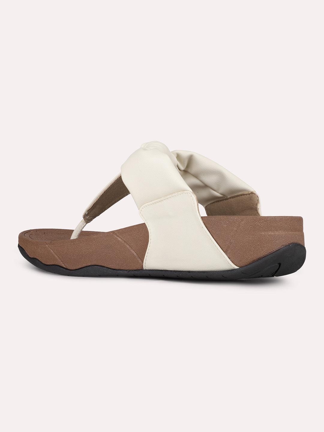 Womens Beige Casual Solid T-Strap Flat Slip-On Sandals