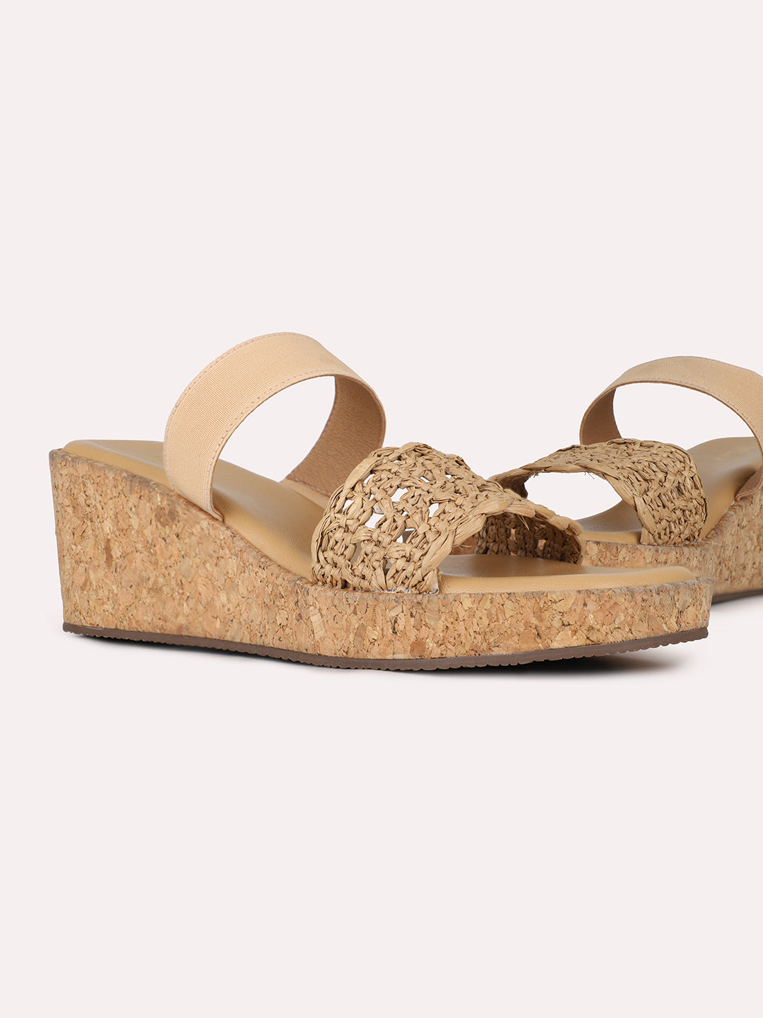 Womens Beige Party Wear Embellished Round Toe Wedge Heel Sandals