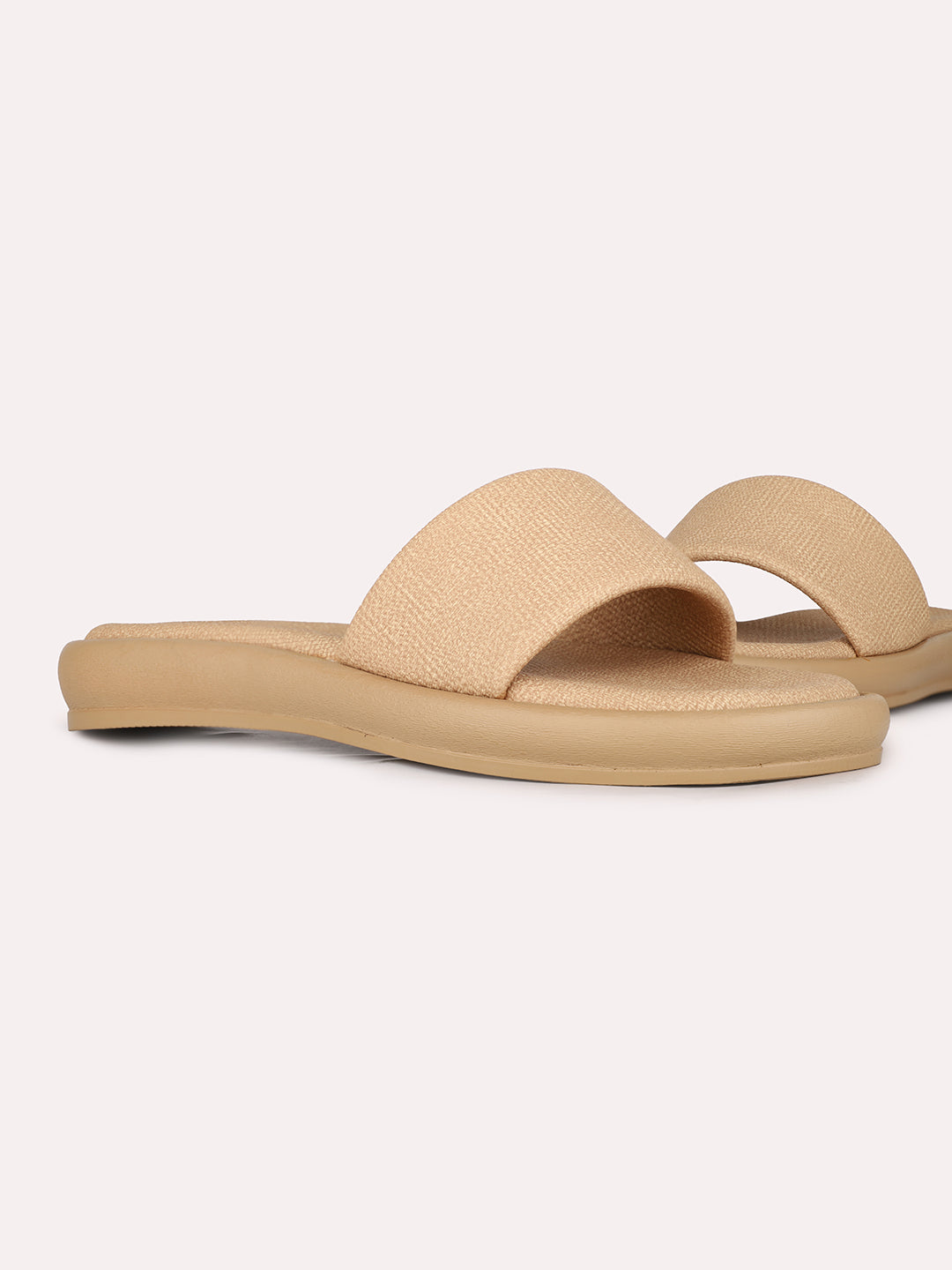 Womens Beige Casual Solid Open Toe Flat Slip-On Sandals