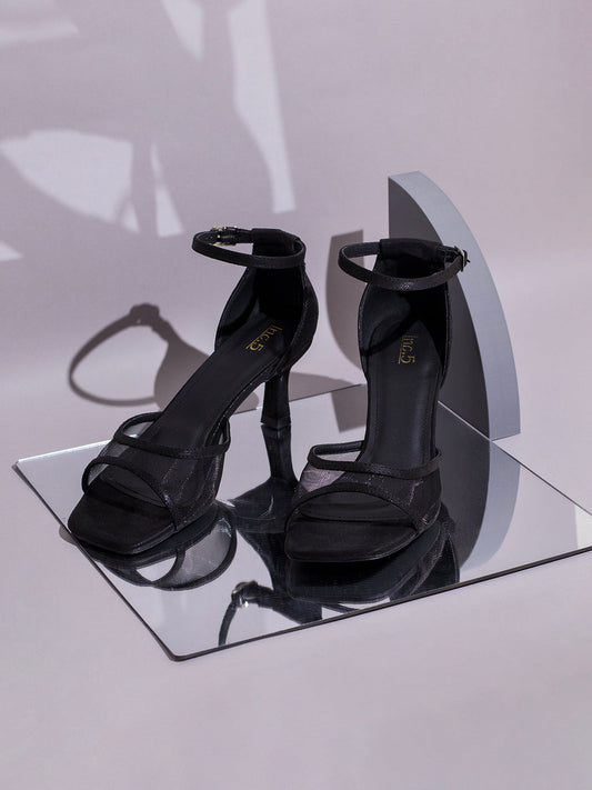 Womens Black Party Wear Transparent Square Toe Block Heel Sandals