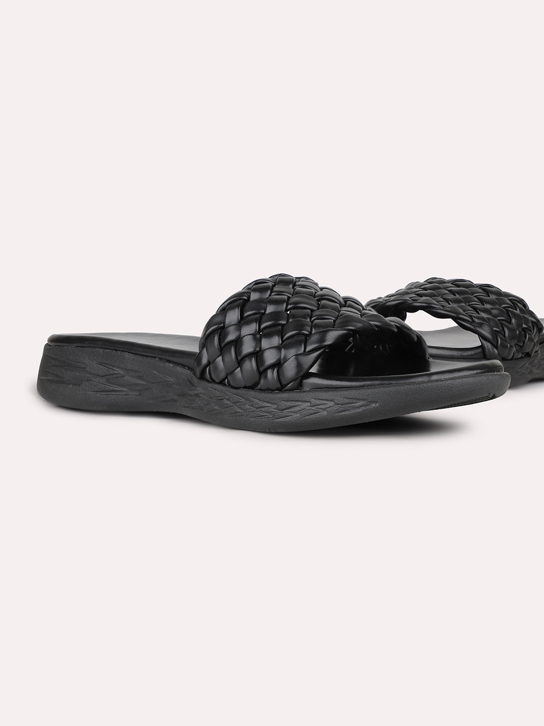 Womens Black Casual Solid Open Toe Flat Slip-On Sandals