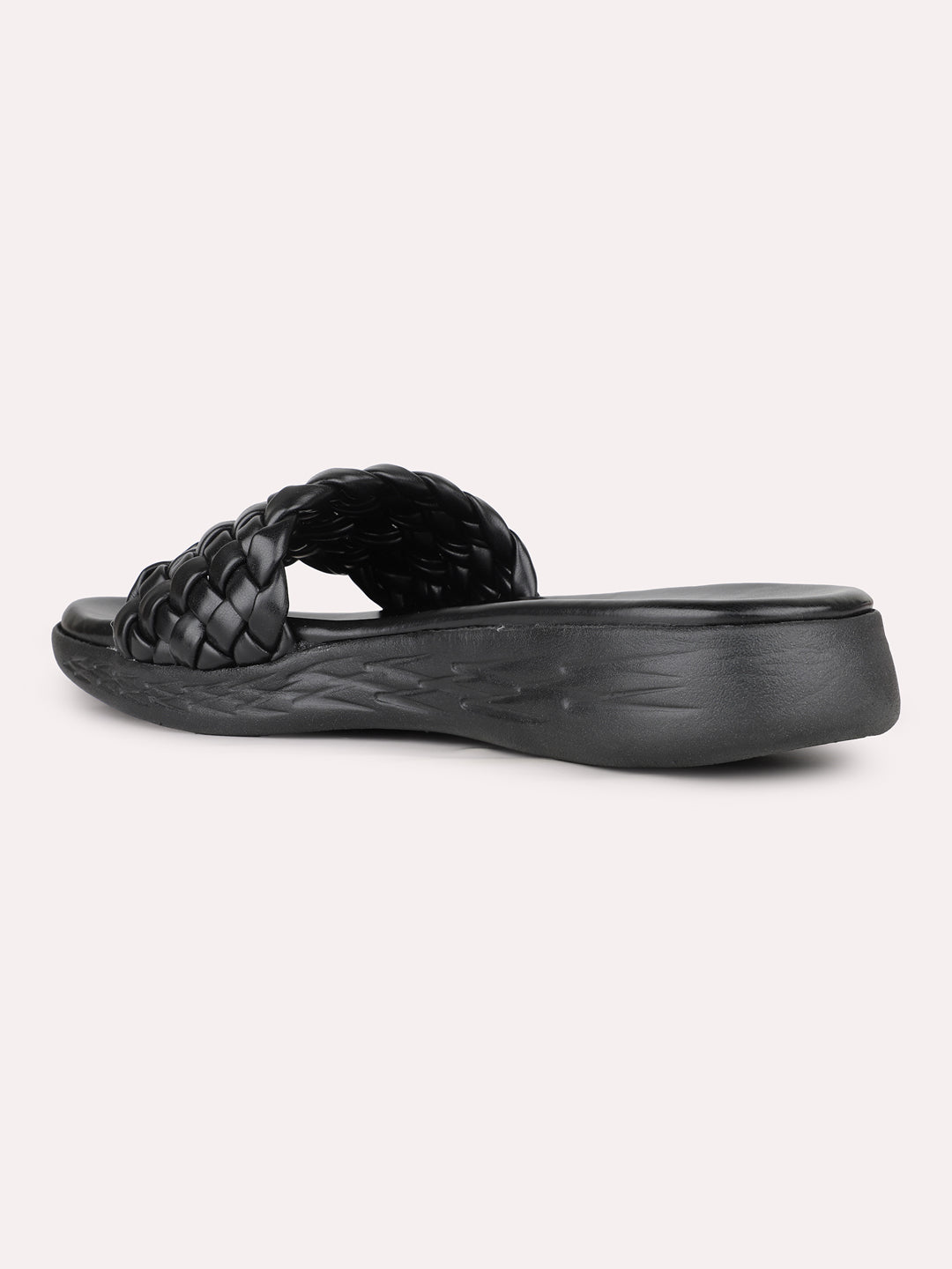 Womens Black Casual Solid Open Toe Flat Slip-On Sandals