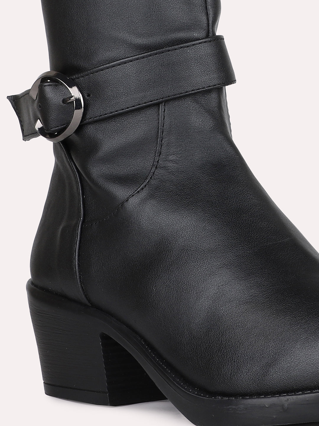 Womens Black Party Wear Solid Round Toe Block Heel Ankle Boots