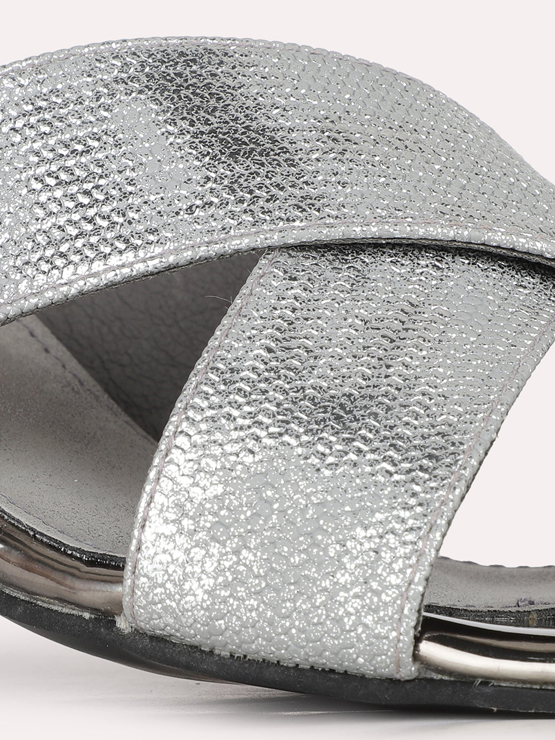 Womens Pewter Party Wear Printed Toe Round Toe Block Heel Sandals