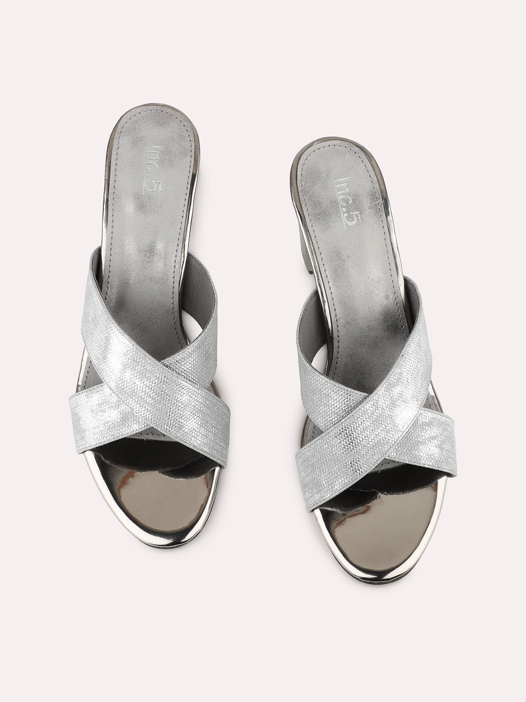 Womens Pewter Party Wear Printed Toe Round Toe Block Heel Sandals