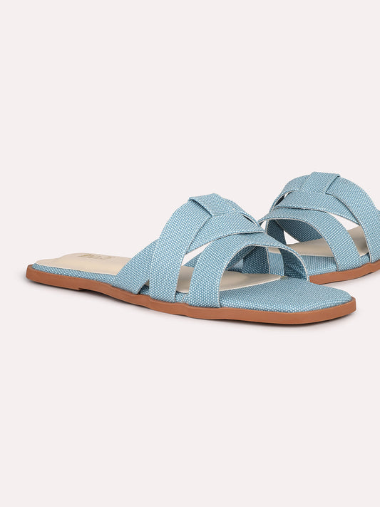 Womens Blue Casual Striped Open Toe Flat Slip-On Sandals