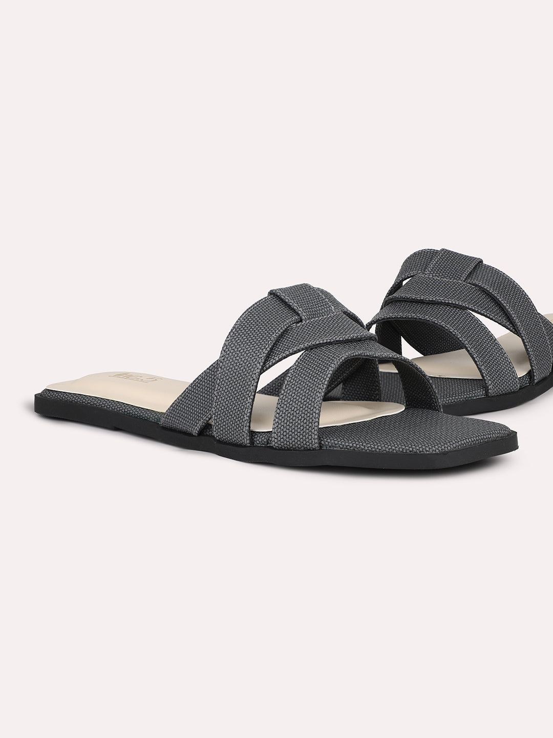 Womens Grey Casual Striped Open Toe Flat Slip-On Sandals