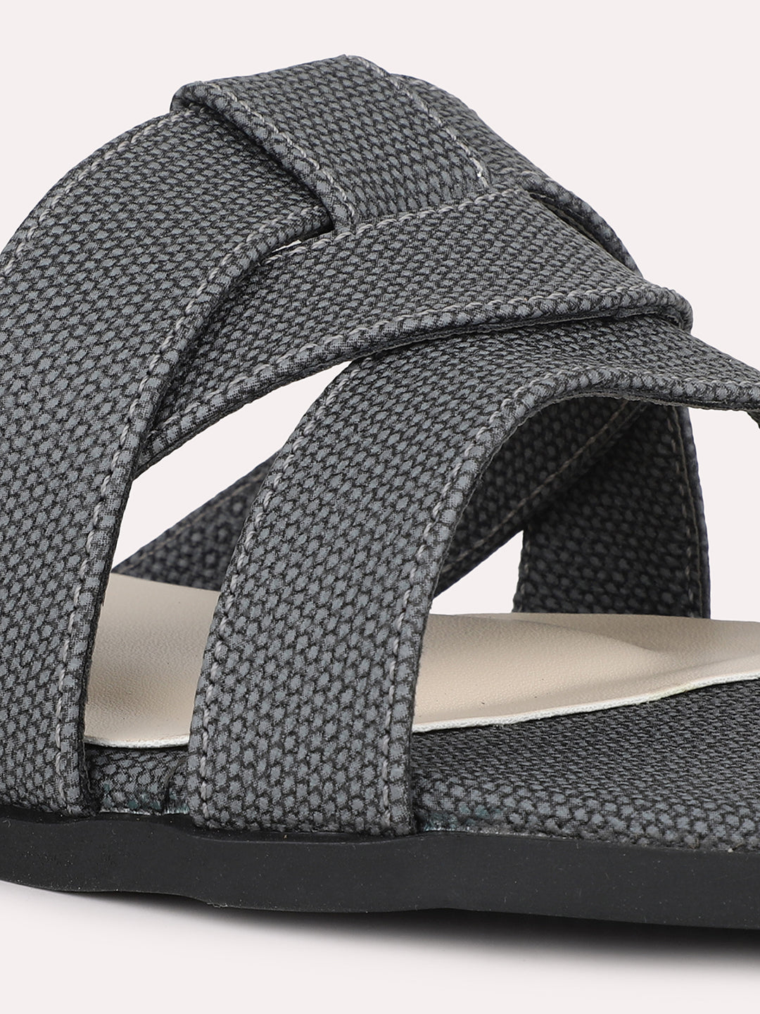 Womens Grey Casual Striped Open Toe Flat Slip-On Sandals