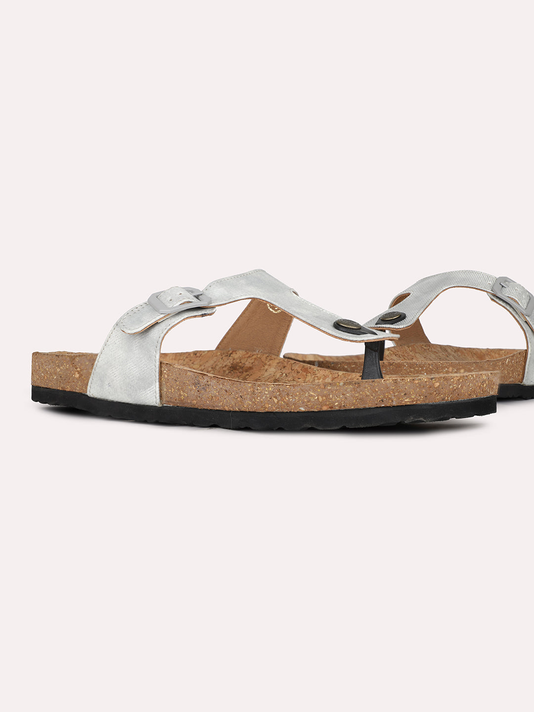 Womens Grey Casual Solid T-Strap Flat Slip-On Sandals