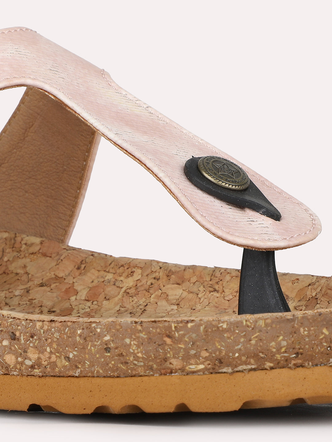 Womens Peach Casual Solid T-Strap Flat Slip-On Sandals