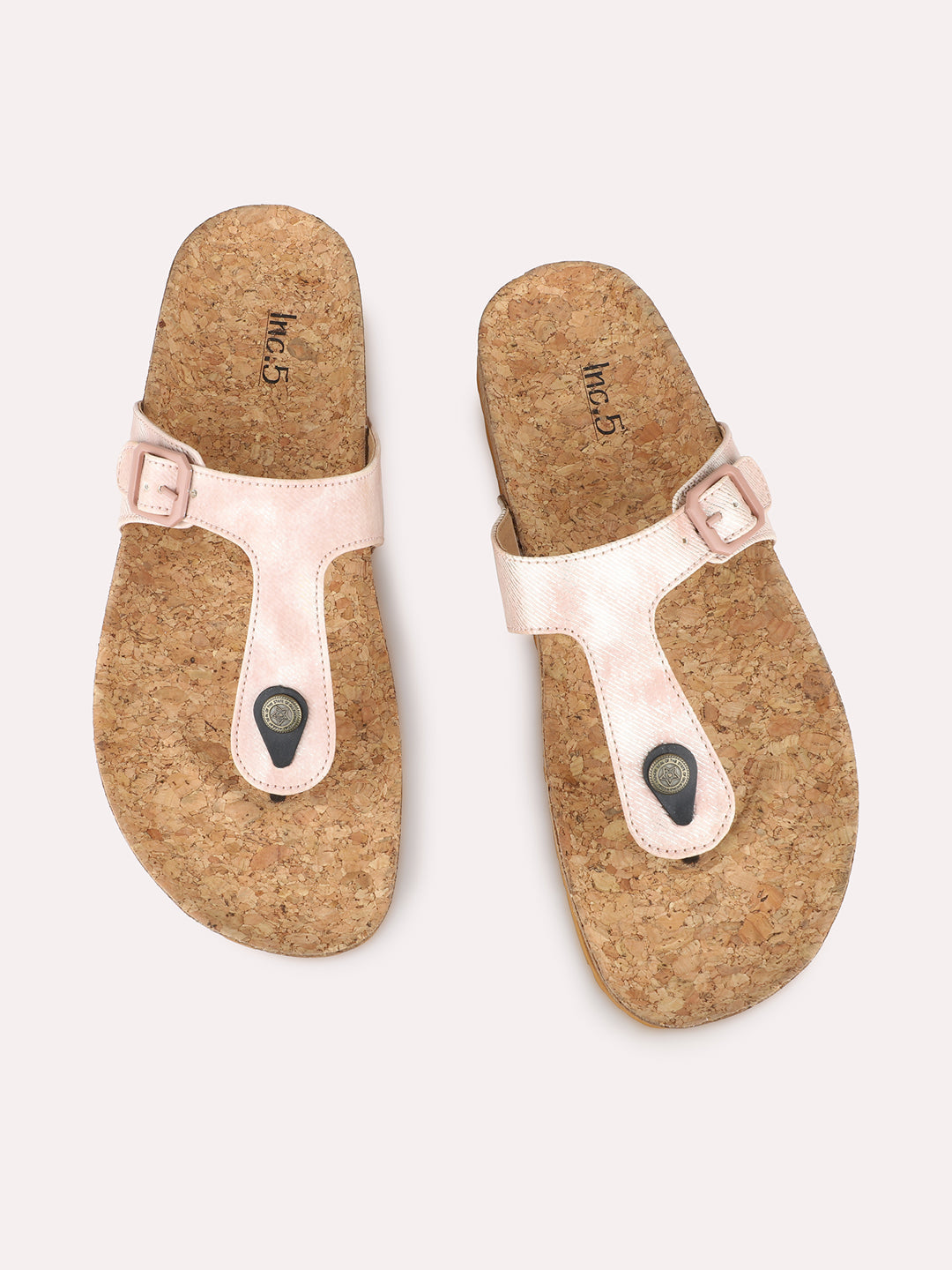 Womens Peach Casual Solid T-Strap Flat Slip-On Sandals