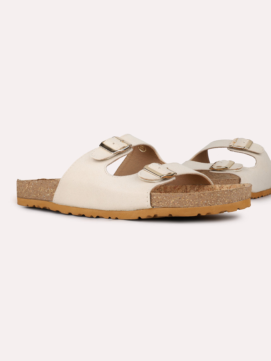 Womens Cream Casual Solid Open Toe Flat Slip-On Sandals