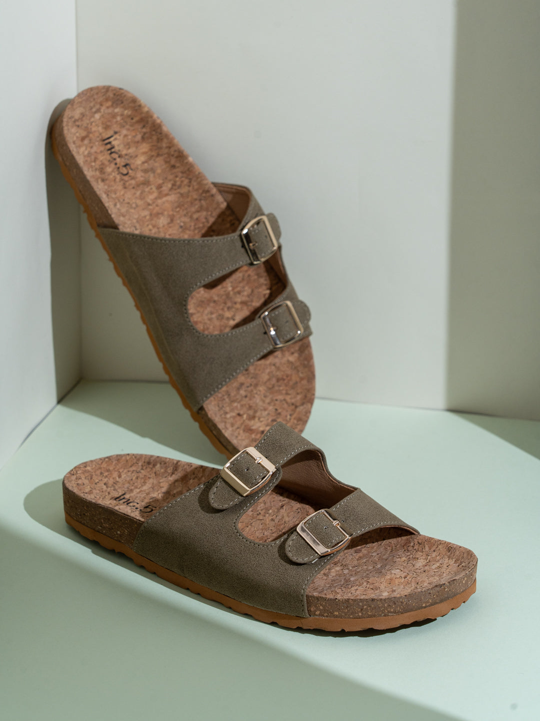 Womens Green Casual Solid Open Toe Flat Slip-On Sandals