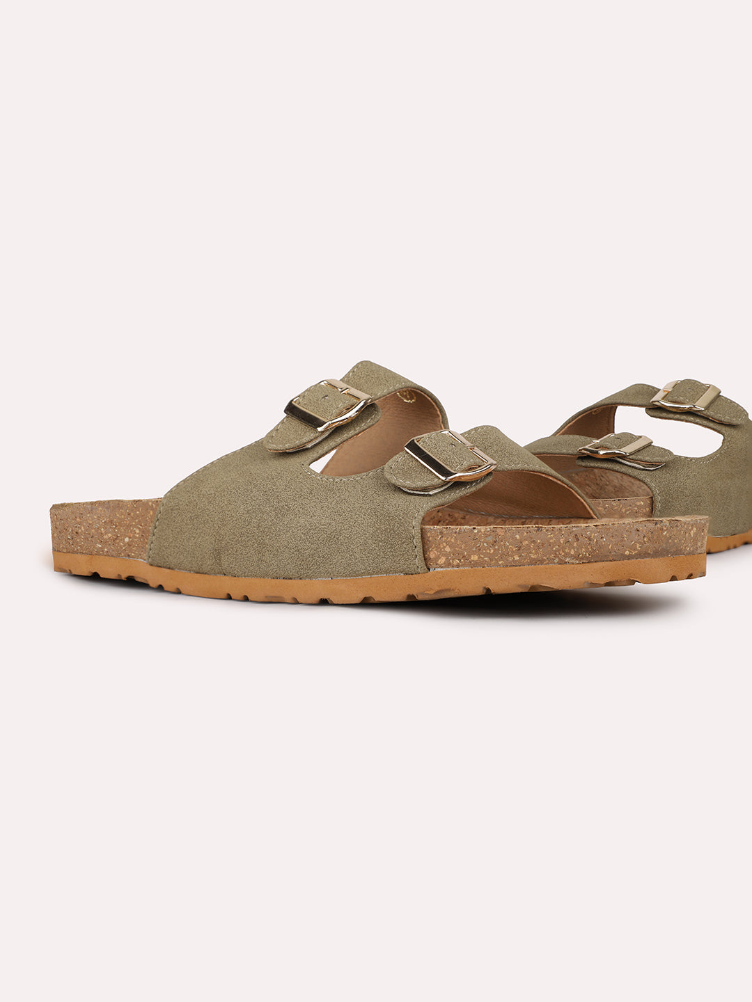 Womens Green Casual Solid Open Toe Flat Slip-On Sandals