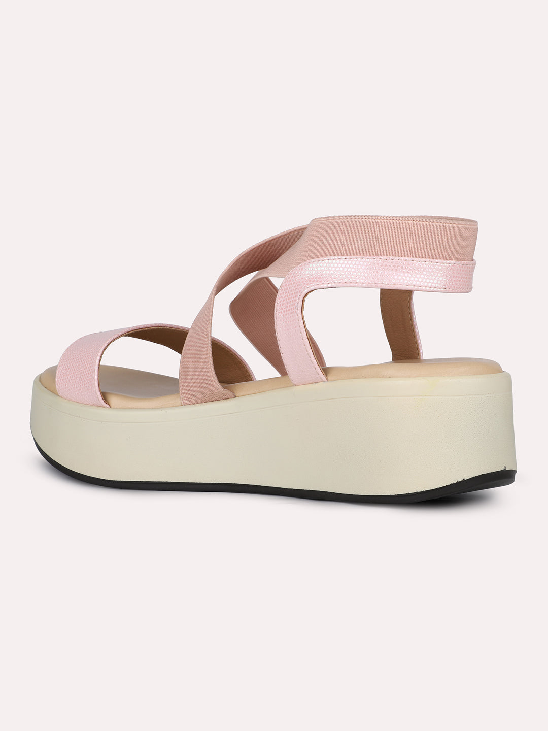 Womens Peach Party Wear Striped Round Toe Flatform Heel Sandals