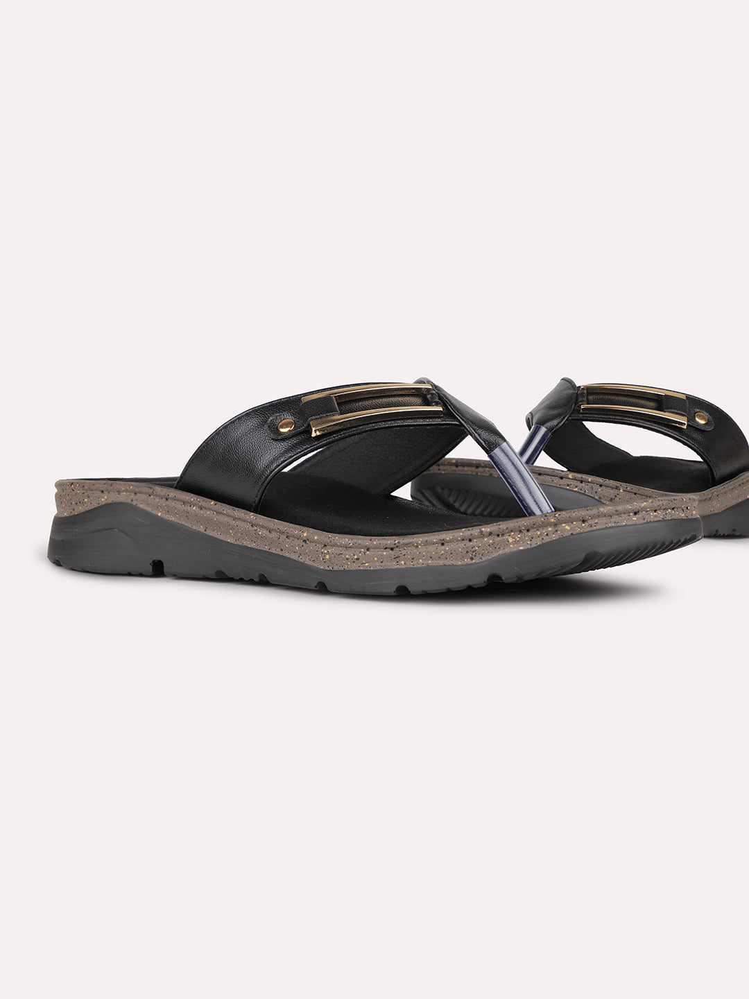 Womens Black Casual Solid T-Strap Flat Slip-On Sandals