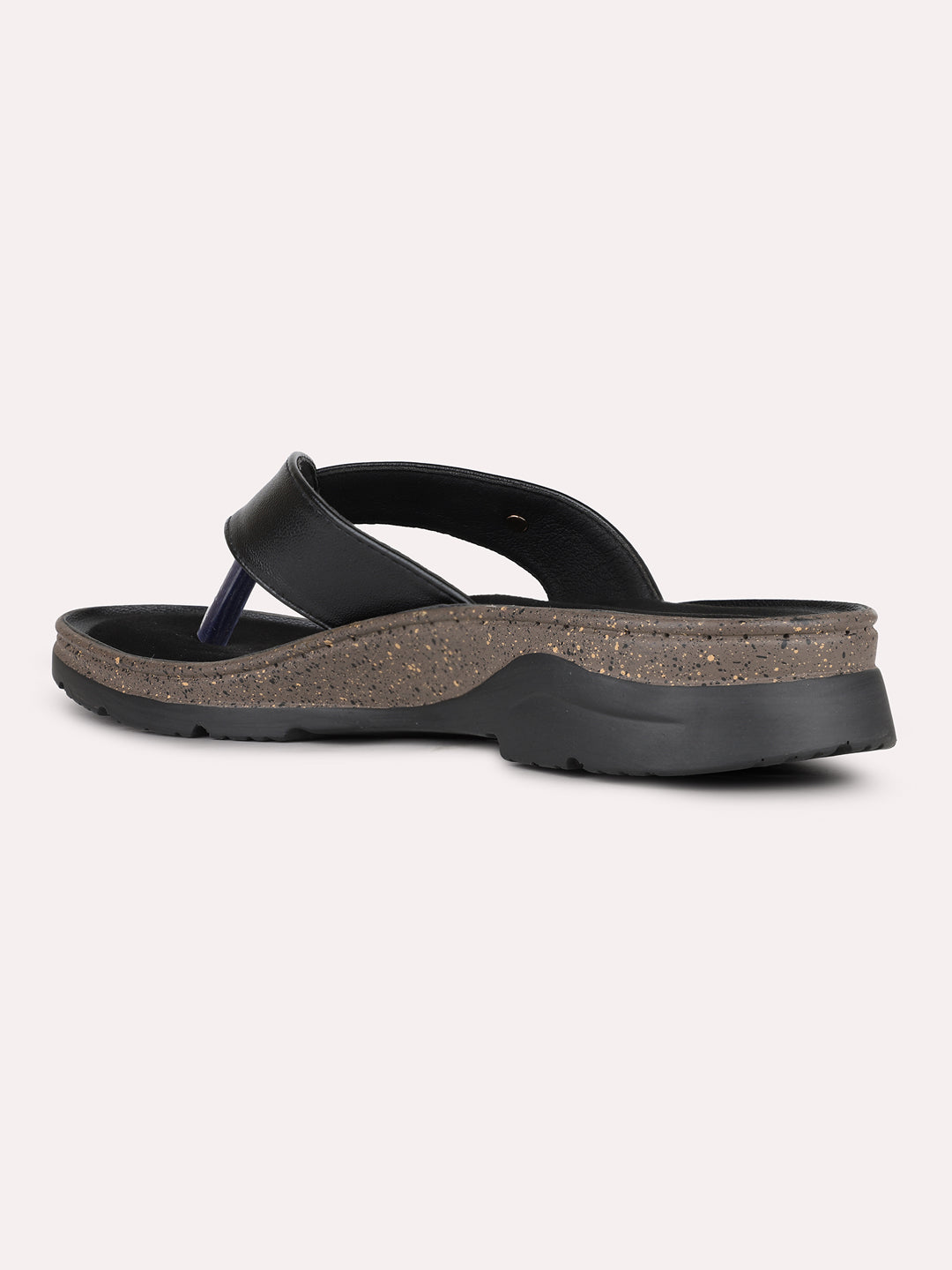 Womens Black Casual Solid T-Strap Flat Slip-On Sandals