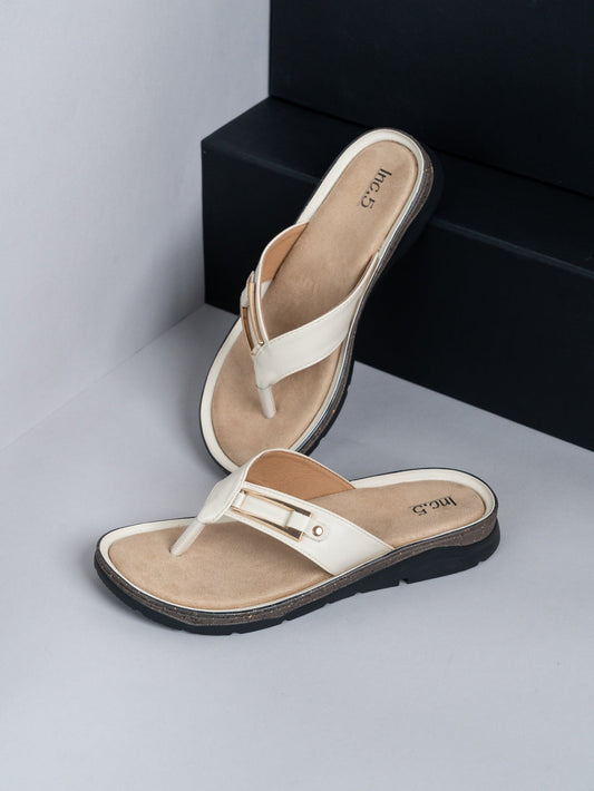 Womens Cream Casual Solid T-Strap Flat Slip-On Sandals