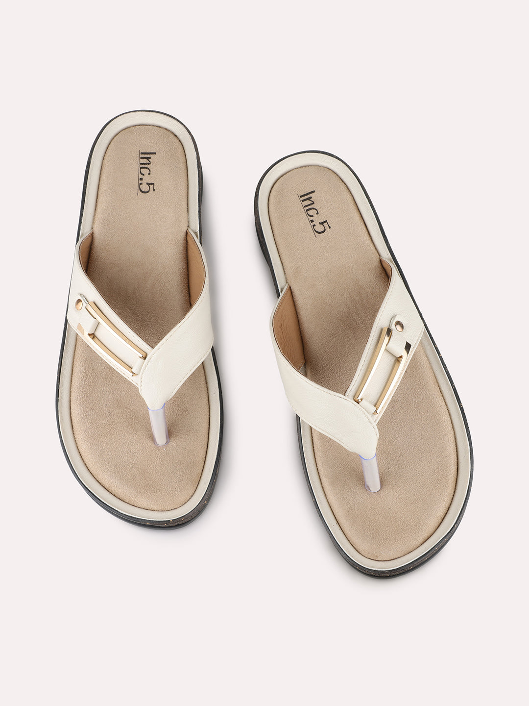 Womens Cream Casual Solid T-Strap Flat Slip-On Sandals