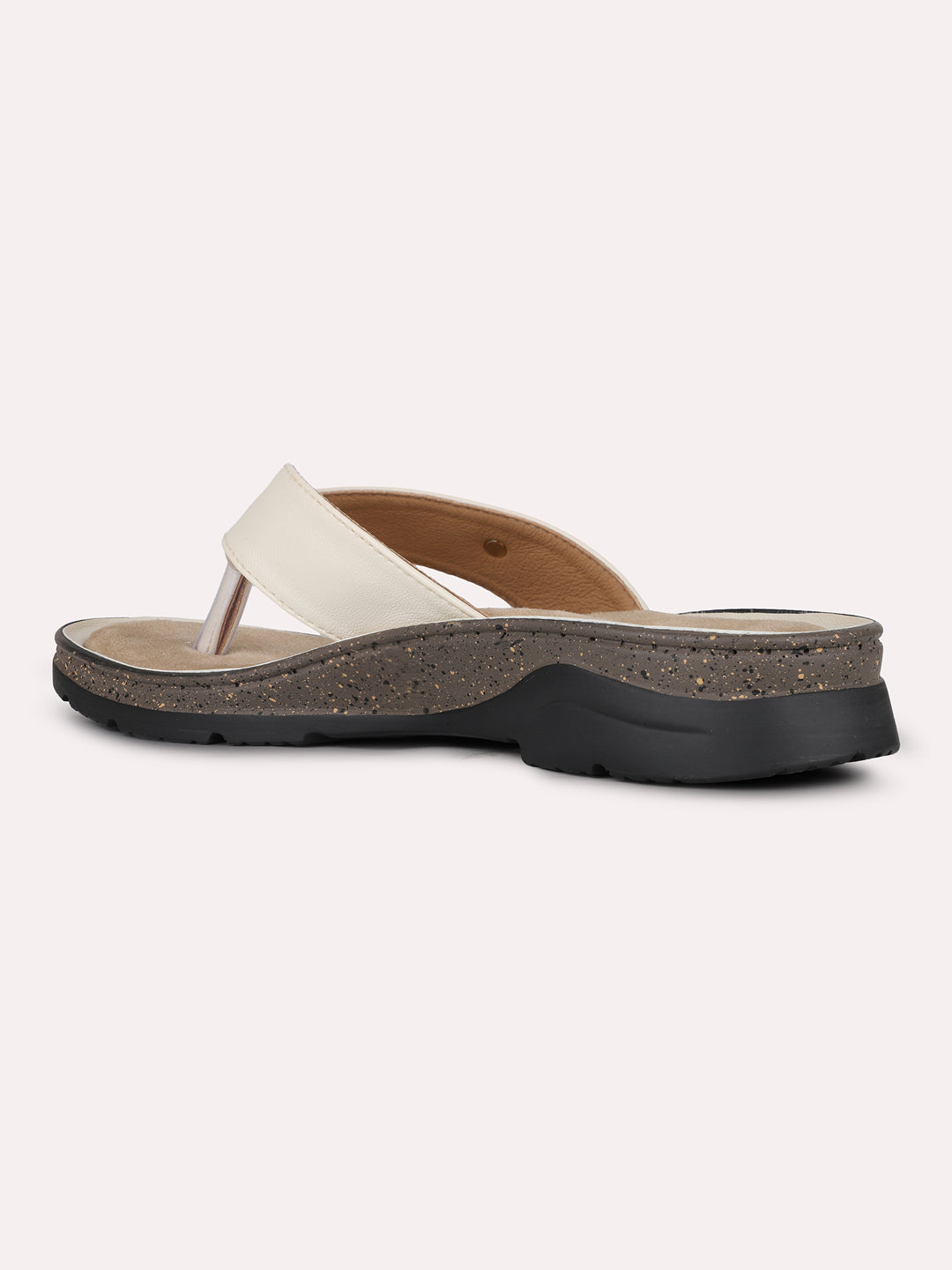 Womens Cream Casual Solid T-Strap Flat Slip-On Sandals